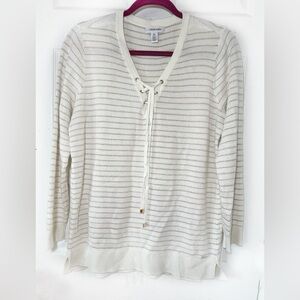 -‎ New Calvin Klein Knit Sweatshirt Striped Cream lace Up Long Sleeve Women…